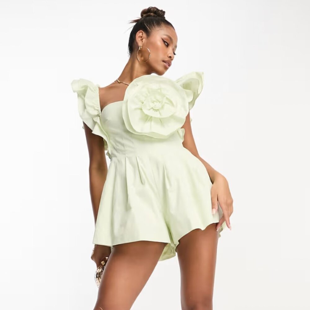 ASOS LUXE poplin romper with corsage and ruffle sleeves in soft green